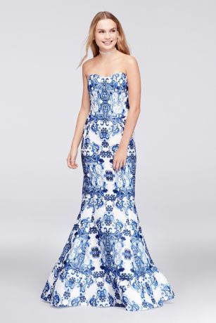 blue and white formal dress