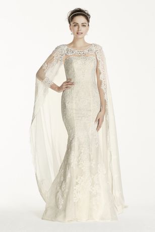 Oleg Cassini Scalloped Chiffon Cape Wedding Dress CWG717