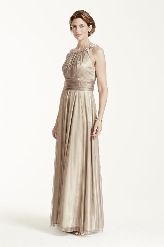 David's Bridal Iridescent Tulle Jewel Neck Gown with Ruched Waist Style