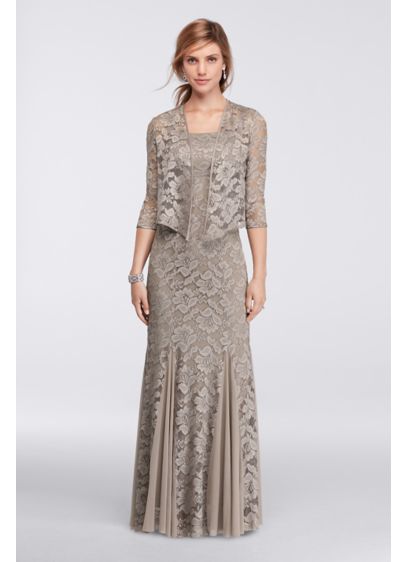 Metallic Lace Jacket Dress with Godets - Davids Bridal