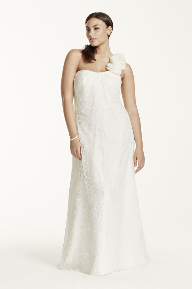 Davids Bridal One Shoulder Sheath Lace Plus Size Wedding Dress Style 9op1236 Ebay 