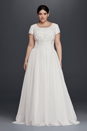 Short Sleeve Plus Size Wedding Dress With Ruching Davids Bridal