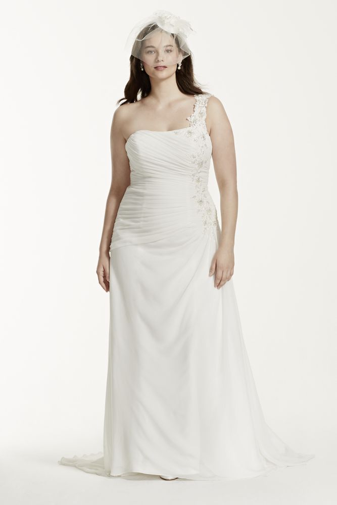 Davids Bridal One Shoulder Chiffon Plus Size Wedding Dress Style 6753