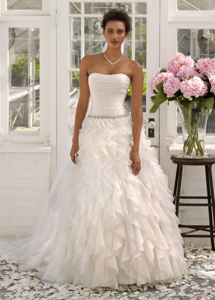 David S Bridal Sample Strapless Organza Ball Gown Wedding Dress With Ruffle