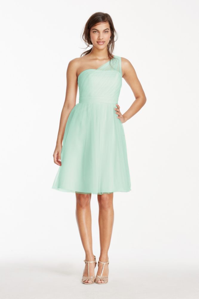 David's Bridal Short One Shoulder Tulle Bridesmaid Dress Style F15208