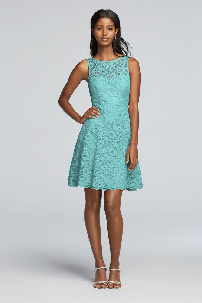 David's Bridal Short Sleeveless All Over Lace Bridesmaid Dress Style