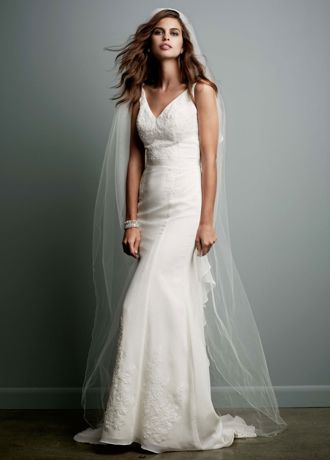 Chiffon Wedding Gown with Ruffle Detail and Lace | David&rsquo;s Bridal