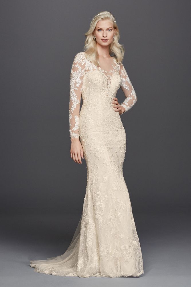 Lace Long Sleeve Illusion V-Neck Wedding Dress Style ...