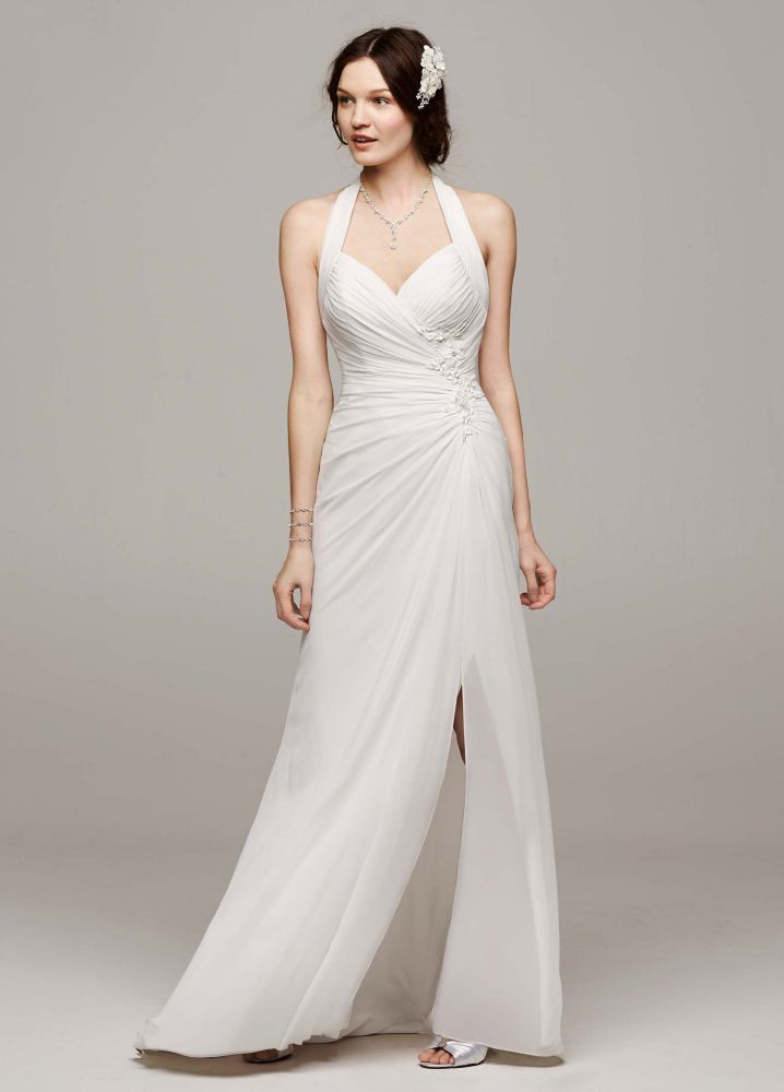 david-s-bridal-chiffon-wedding-dress-with-high-slit-and-halter-tie-back-ebay