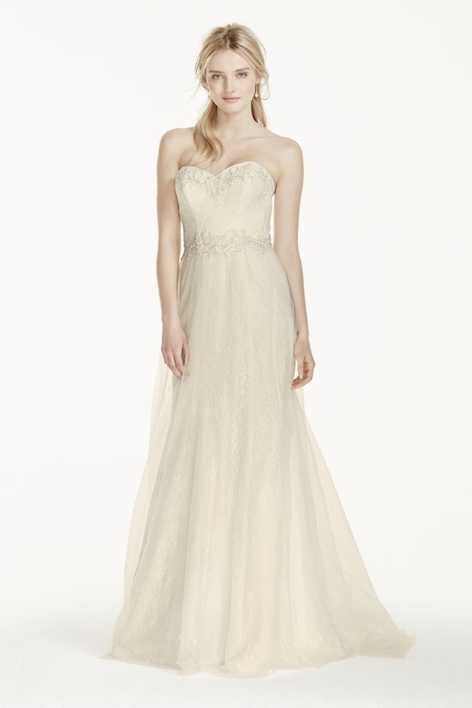 David's Bridal Strapless Tulle Over Lace Sheath Wedding Dress Style WG3750