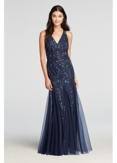 david's bridal v neck halter gown with sash
