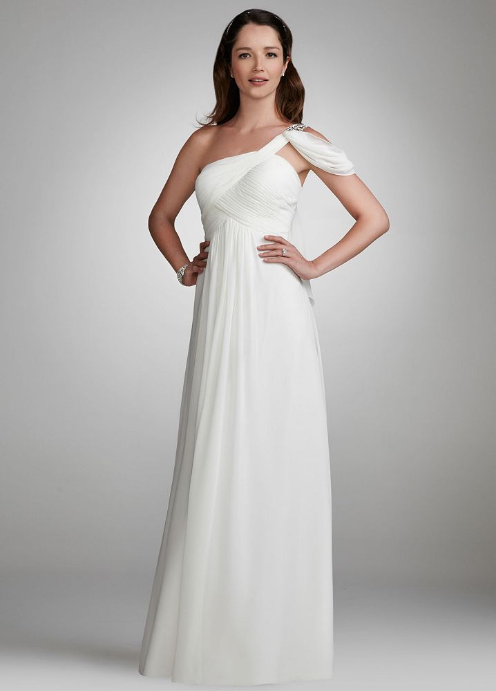 David's Bridal Wedding Dress: Draped Chiffon Gown with Jeweled Shoulder Style 21640, White, 2