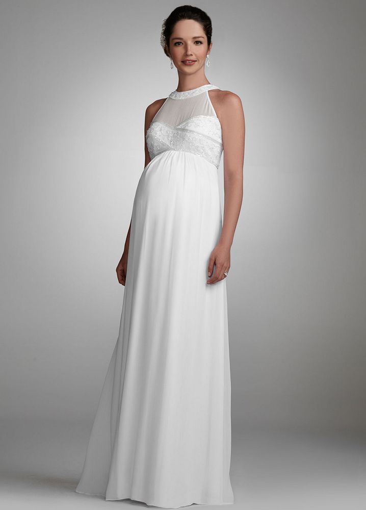 David's Bridal Wedding Dress: Chiffon Maternity Gown with Beaded Neckline Style 230M15880, White, XS