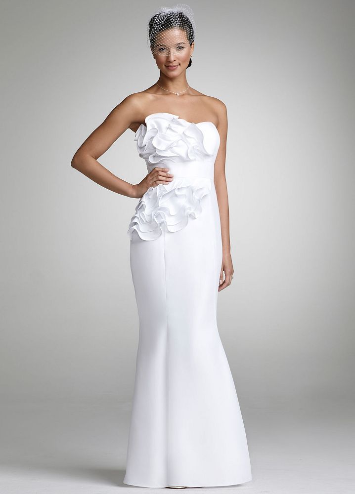David's Bridal Wedding Dress: Strapless Satin Mermaid Gown with Cascade Ruffle Style 639778B, White, 2