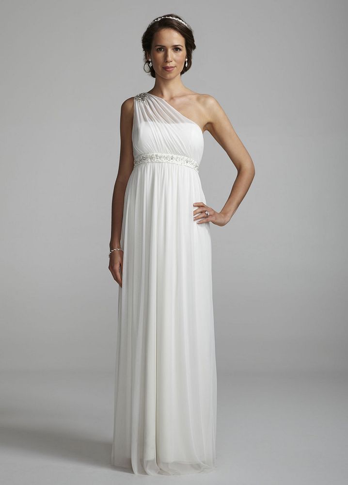 Davids Bridal One Shoulder Mesh Wedding Dress With Beaded Waist 