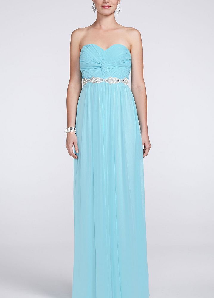 David's Bridal Strapless Prom Dress with Ruched Bust and Beading