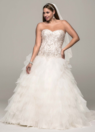 David's Bridal Woman Strapless Tulle Ball Gown with Ruffled Skirt ...