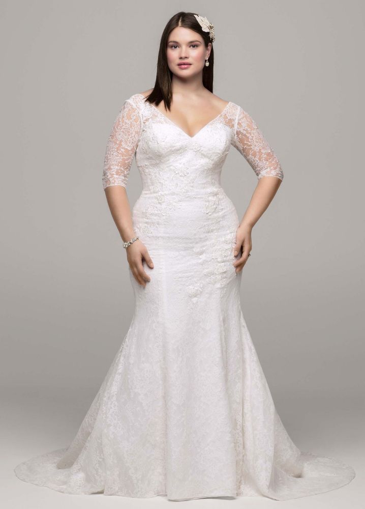 David39;s Bridal 3 4 Sleeve All Over Lace Trumpet Wedding Dress  eBay