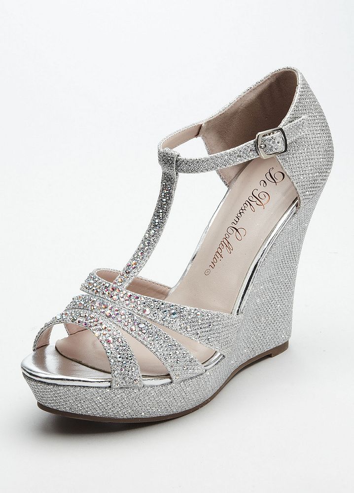 David's Bridal Wedding & Bridesmaid Shoes Glitter T Strap Wedge Sandal | eBay