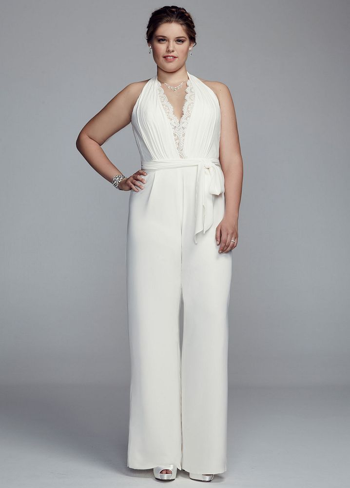 David's Bridal Wedding Dress Halter Crepe and Lace Jumpsuit eBay