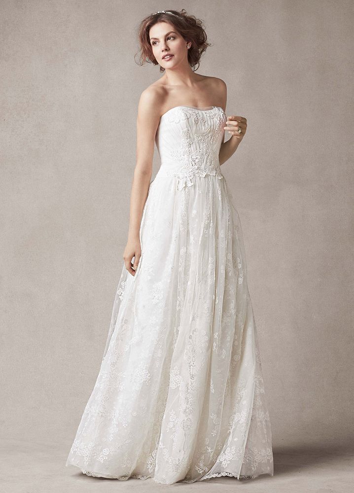 David's Bridal Strapless Sheath Wedding Dress with Floral Embroidery | eBay