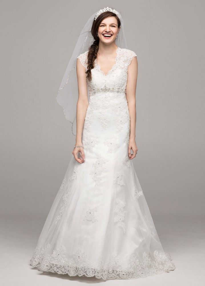 David's Bridal Cap Sleeve Lace Over Satin Wedding Dress with Illusion Back | eBay