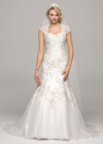 David's Bridal Tulle Over Satin Cap Sleeve Trumpet Wedding Dress eBay