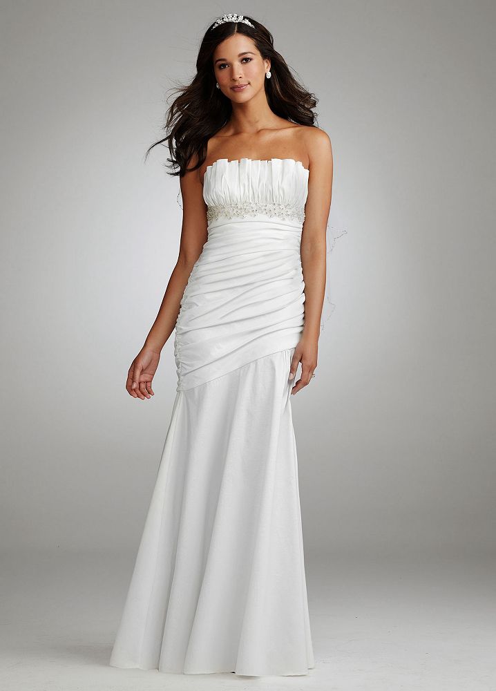 David's Bridal Wedding Dress: Ruched Strapless Gown with Draped Bodice and Skirt Style 231M13270