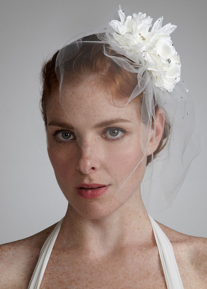 David's Bridal Double Flower Tulle Fascinator Style V135, Ivory, Bridal Wedding Fascinator