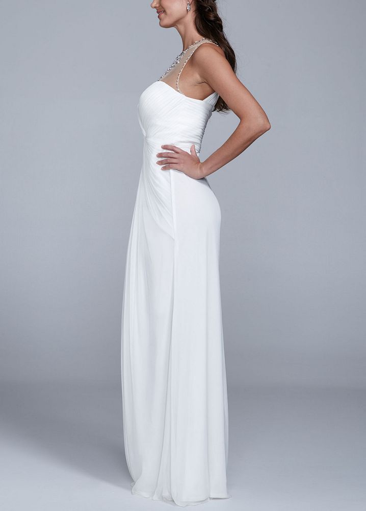 Davids Bridal Long Mesh Wedding Dress With Illusion Beaded Neckline Ebay 
