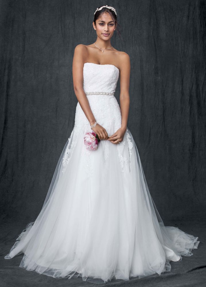 David's Bridal SAMPLE: Strapless Tulle A-line Wedding Dress with Beaded Appli | eBay