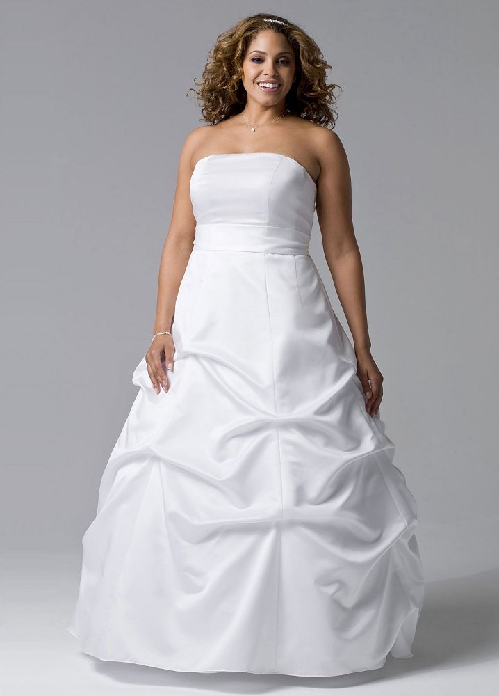 David's Bridal Wedding Dress: Satin Pick-up Ball Gown with Sash Style 9BR1010, White, 14W