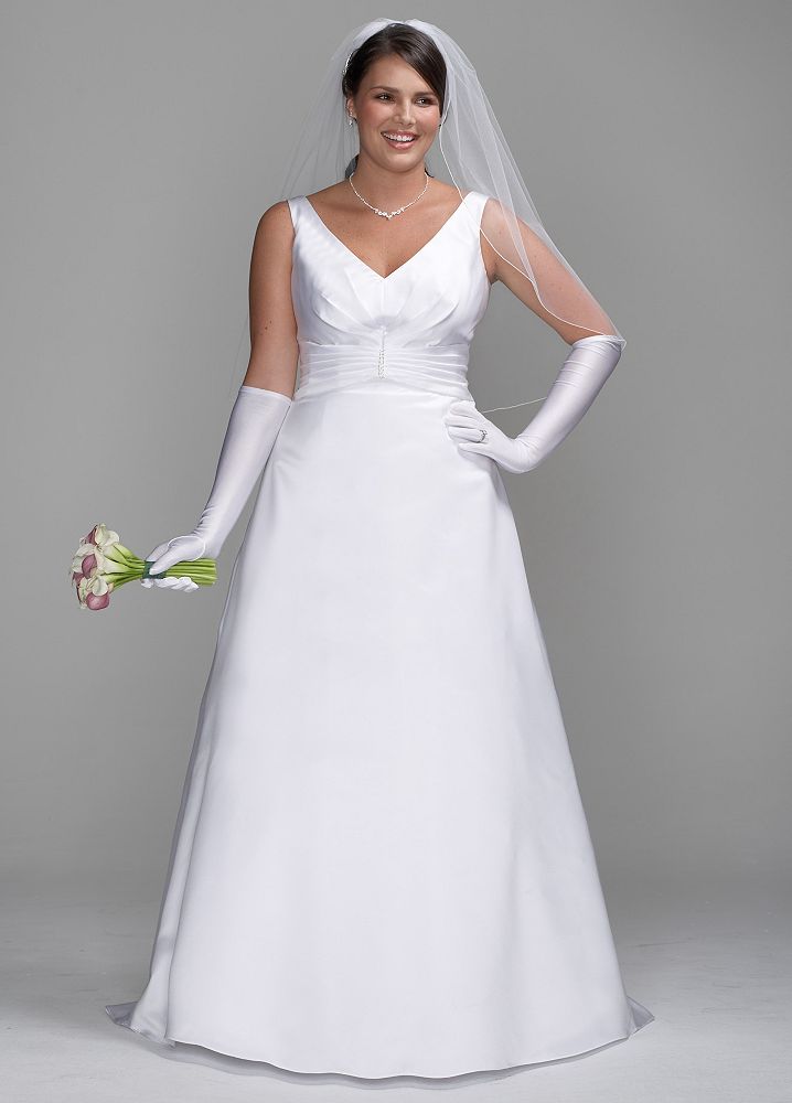 David's Bridal Wedding Dress: Satin A-Line Gown with Pleated Waist Detail Style 9SAS1202, Ivory, 14W