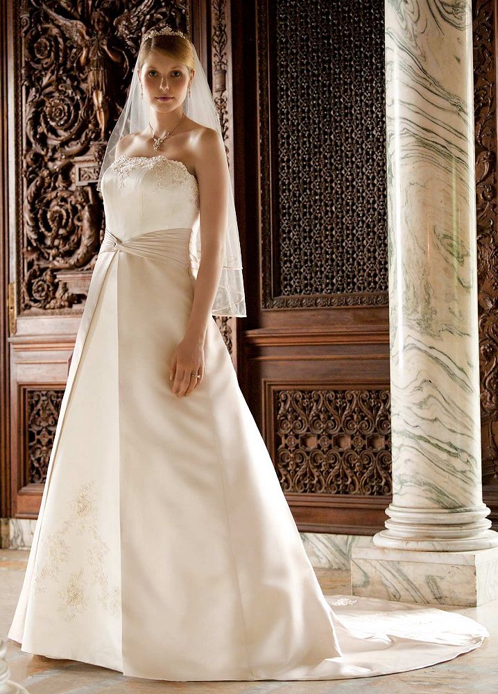 David's Bridal Wedding Dress: Satin A-line Gown with Split Front Skirt Style 9T8580, Ivory/Champagne, 14W