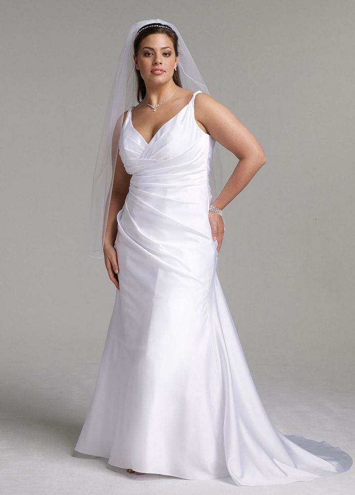 David's Bridal Wedding Dress: Satin Slim Gown with Twist Straps and Side Drape Style 9SAS1200, Ivory, 14W
