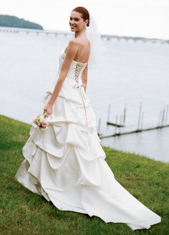 David's Bridal Wedding Dress Satin Pickup with Cuff Neckline and Lace