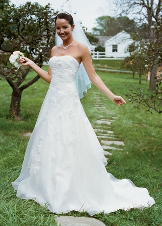 David's Bridal Wedding Dress: Embroidered Organza Gown With 3D Floral Details Style WG9859, Soft White, 6