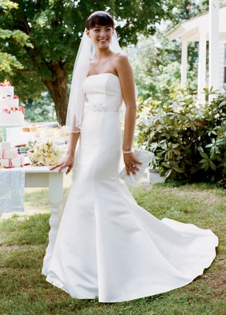 David's Bridal Wedding Dress: Satin Strapless Trumpet Gown With Ribbon Waist Style WG9871, Ivory, 2
