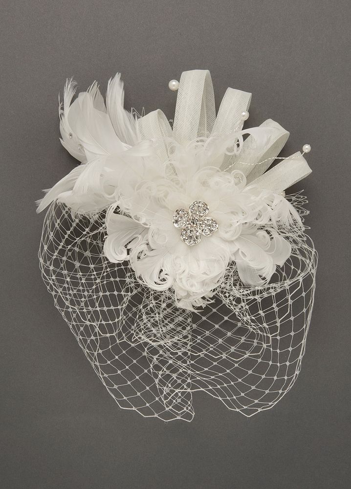 David's Bridal Large Feather Flower with Mini Blusher Style FSWG400, Ivory, Bridal Wedding Fascinator