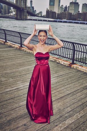 strapless charmeuse dress with lattice side panels