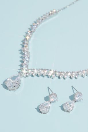 Bride Jewelry Set Crystal Zircon Tear Drop Earrings Necklace Wedding Prom 