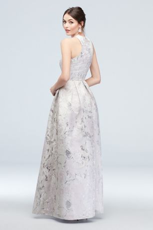 floral jacquard sleeveless ball gown with pockets