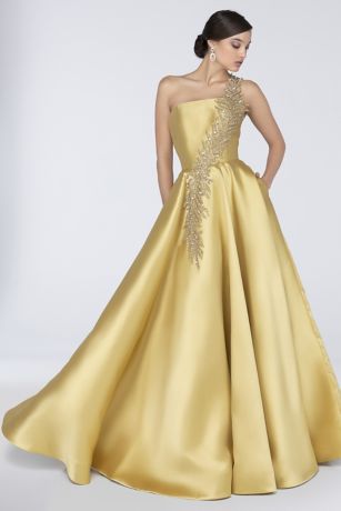 one shoulder evening gown with beaded detail