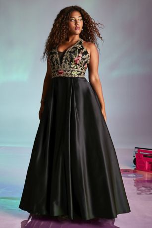 floral embellished halter satin ball gown