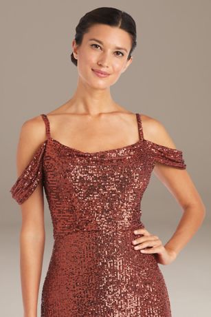 Swag Sleeve Allover Linear Sequin Gown