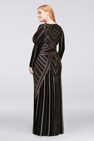 long sleeve glitter print sheath gown