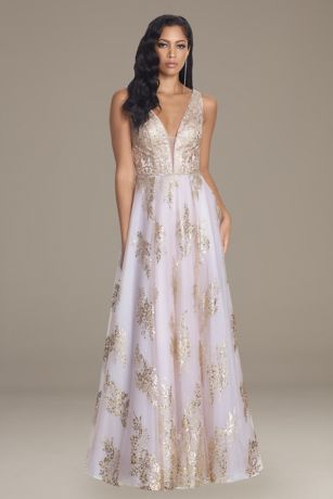 embroidered illusion plunge ball gown