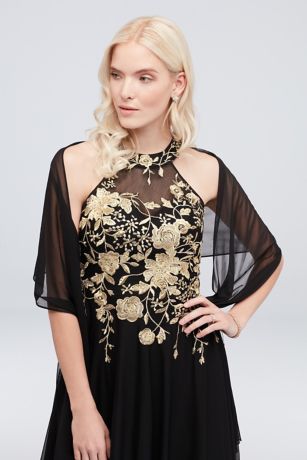 metallic embroidered jersey chiffon halter dress