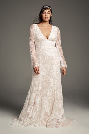 bell sleeve plus size wedding dress