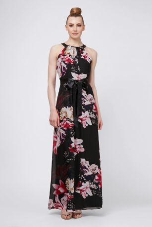 satin long dress with chiffon floral bodice